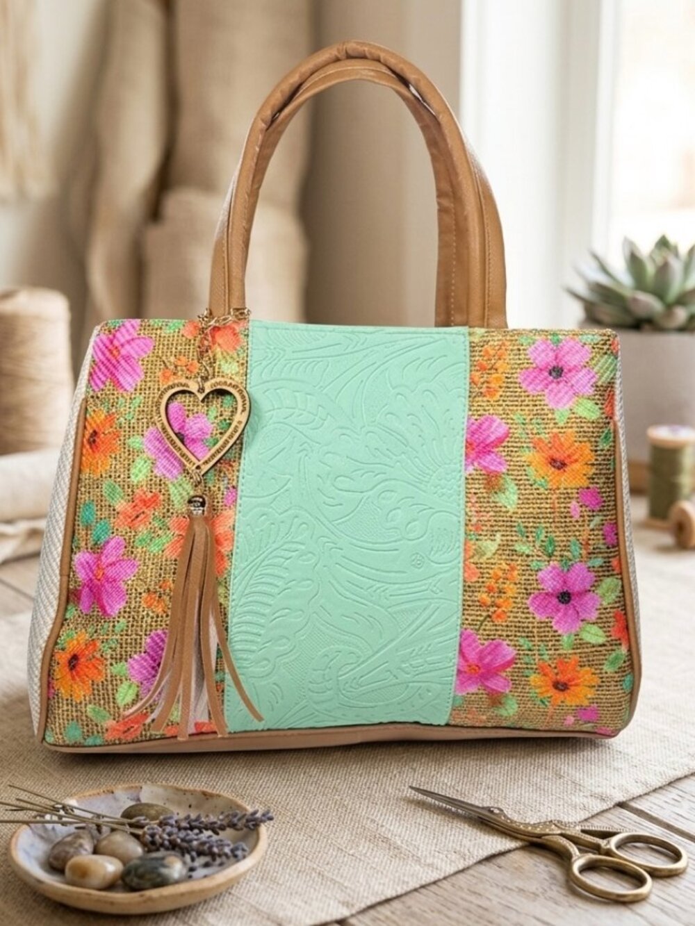 Handmade Embossed Satchel – Mexican Artisan Tote Bag with Floral Embroidery